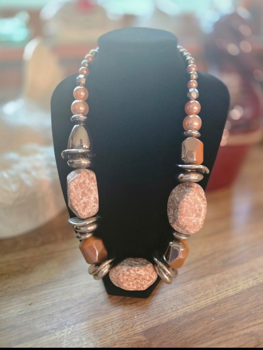 Chunky Brown Stone & Silver-Accent Necklace